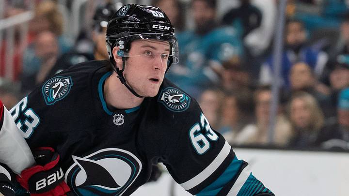 Mar 20, 2025; San Jose, California, USA; San Jose Sharks center Zack Ostapchuk (63) during the second period at SAP Center at San Jose. Mandatory Credit: Neville E. Guard-Imagn Images