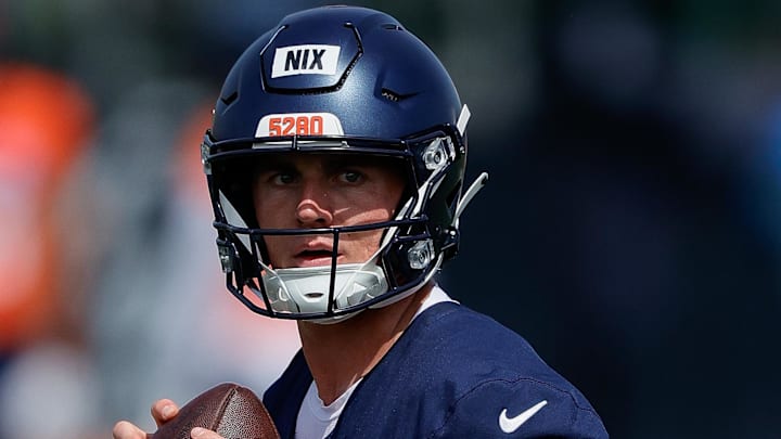 Jul 24, 2025; Englewood, CO, USA; Denver Broncos quarterback Bo Nix (10) during Denver Broncos Training Camp. Mandatory Credit: Isaiah J. Downing-Imagn Images