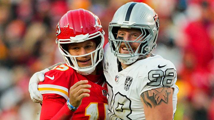 Nov 29, 2024; Kansas City, Missouri, USA; Kansas City Chiefs quarterback Patrick Mahomes (15) and Las Vegas Raiders defensive end Maxx Crosby (98) embrace during the second half at GEHA Field at Arrowhead Stadium. Mandatory Credit: Jay Biggerstaff-Imagn Images Nov 29, 2024; Kansas City, Missouri, USA; Kansas City Chiefs quarterback Patrick Mahomes (15) and Las Vegas Raiders defensive end Maxx Crosby (98) embrace during the second half at GEHA Field at Arrowhead Stadium. Mandatory Credit: Jay Biggerstaff-Imagn Images
