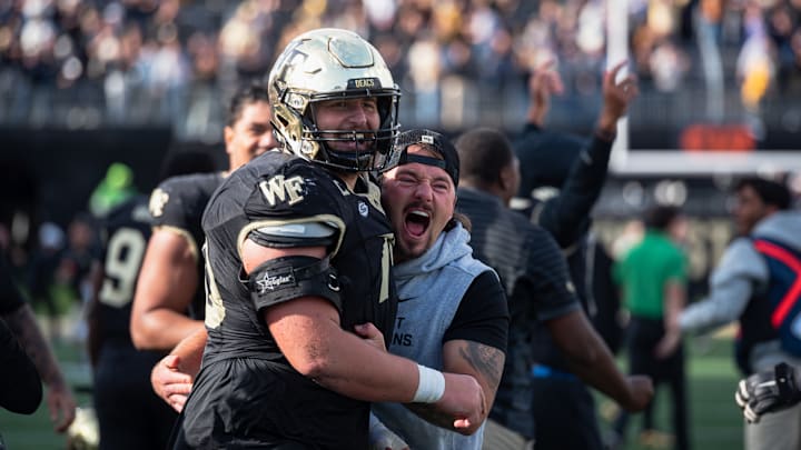 Wake Forest offensive lineman and captain, Kevin Kylany, celebrating following his team's 13–12 victory over the SMU Mustangs, Oct. 25, 2025. Wake Forest offensive lineman and captain, Kevin Kylany, celebrating following his team's 13–12 victory over the SMU Mustangs, Oct. 25, 2025.
