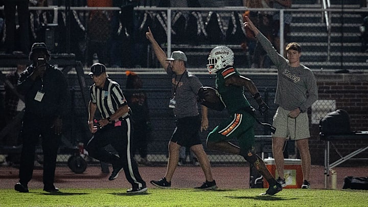Lokavion Jackson, Mosley’s running back, races down the sideline for a score against Niceville at Tommy Oliver Stadium in Panama City, Fla., Oct. 11, 2024. Mosley won the Class 5A-District 1 championship game, 37-28. (Tyler Orsburn/News Herald)