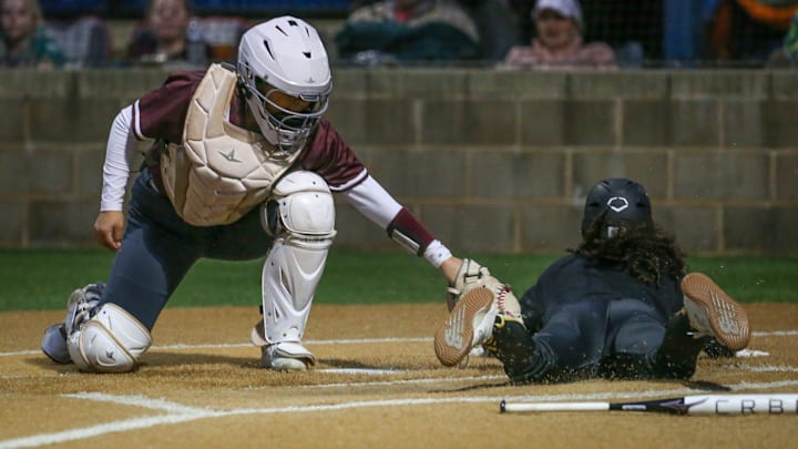 Calallen's Audryna Almaraz attempts to force a Liberty runner out before scoring during a game at the Portland Sports Complex on Thursday, Feb. 13, 2025, in Portland, Texas. Almaraz and the defending state champions are competing in the 4A D1 semifinals this week.