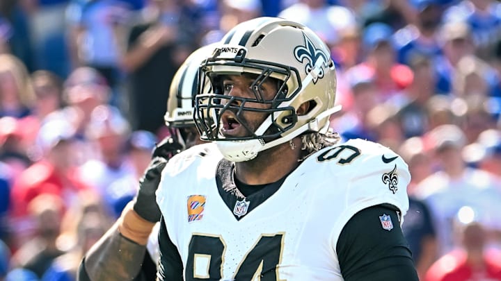 Cameron Jordan celebrates a sack against the Bills at Highmark Stadium. Mark Konezny-Imagn Images