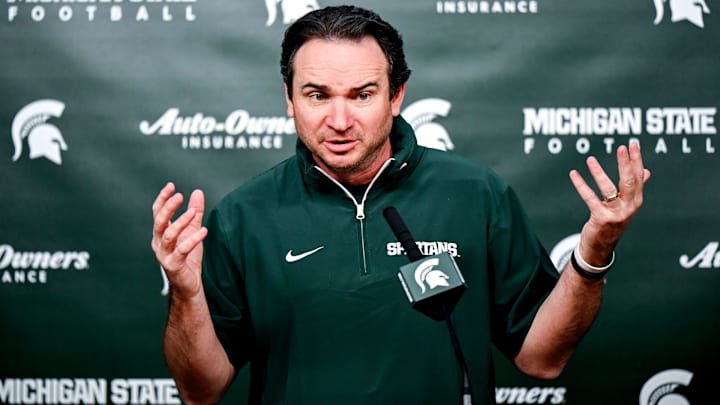 Michigan State coach Jonathan Smith talks the media on the first national signing day for college football recruits Wednesday, Dec. 4, 2024, at Spartan Stadium in East Lansing. Michigan State coach Jonathan Smith talks the media on the first national signing day for college football recruits Wednesday, Dec. 4, 2024, at Spartan Stadium in East Lansing.