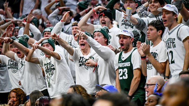Michigan State's fans celebrate after a Coen Carr dunk against Duke during the first half on Saturday, Dec. 6, 2025, at the Breslin Center in East Lansing.