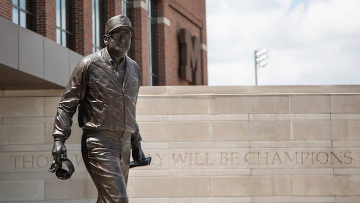 Bo Schembechler statue outside of University of Michigan's Schembechler Hall 