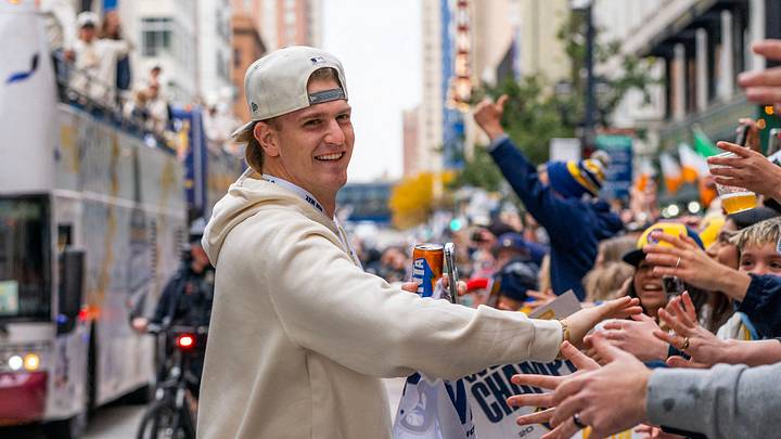 Oct 30, 2026; Milwaukee, WI, USA; Milwaukee Brewers infield Cooper Pratt (12) greets fans during the Milwaukee Brewers World Series championship parade and celebration. Mandatory Credit: Kiesen Williams/USA TODAY NETWORK via Imagn Images