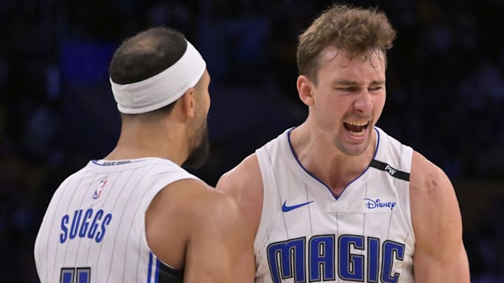 Nov 21, 2024; Los Angeles, California, USA; Orlando Magic forward Franz Wagner (22) celebrates with guard Jalen Suggs (4) after defeating the Los Angeles Lakers with a 3-point basket with 2.5 seconds left in the game at Crypto.com Arena. Mandatory Credit: Jayne Kamin-Oncea-Imagn Images