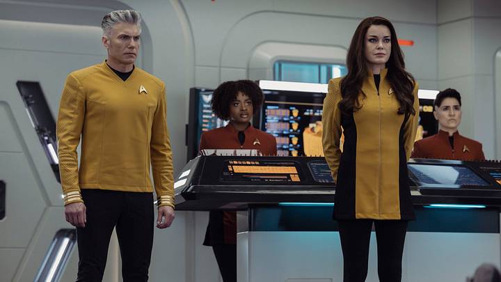 (L-R): Anson Mount as Captain Pike, Celia Rose Gooding as Uhura, Rebecca Romijn as Una, and Melissa Navia as Erica Ortegas in season 4, episode 2, of Star Trek: Strange New Worlds streaming on Paramount+, 2026