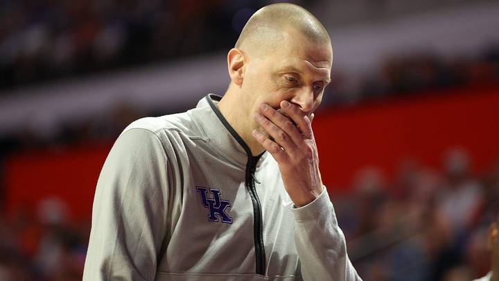 Kentucky head coach Mark Pope reacts during the first half of a NCAA mens basketball game at Steven C. O'Connell Center Exactek arena in Gainesville, FL on Saturday, February 14, 2026. [Alan Youngblood/Gainesville Sun]