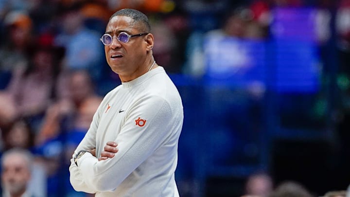 Texas head coach Rodney Terry surveys the court during the first half against Tennessee during a Southeastern Conference tournament quarterfinal game.