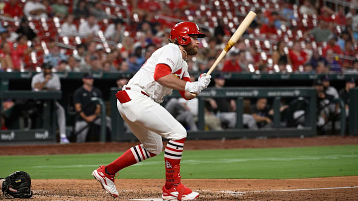 St. Louis Cardinals second baseman Brendan Donovan gets a base hit against the Colorado Rockies.