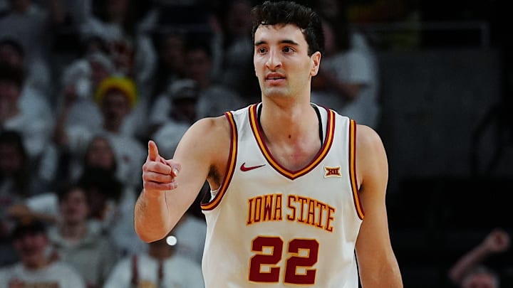 Iowa State Cyclones forward Milan Momcilovic (22) reacts after a three-point shot against Baylor during the first half in the Big-12 men’s basketball on Feb. 7, 2026, at Hilton Coliseum in Ames, Iowa