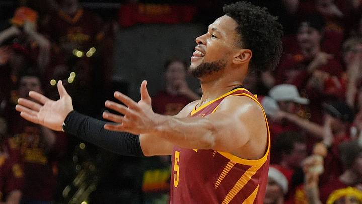 Iowa State Cyclones forward Joshua Jefferson (5) celebrates after winning 66-62 over Iowa in the men’s basketball Cy-Hawk series on Dec. 11, 2025, in Ames, Iowa.