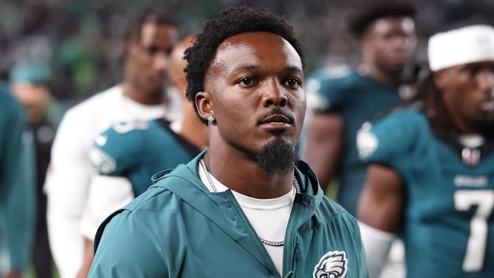 Sep 4, 2025; Philadelphia, Pennsylvania, USA; Philadelphia Eagles linebacker Nakobe Dean (17) against the Dallas Cowboys at Lincoln Financial Field. Mandatory Credit: Bill Streicher-Imagn Images