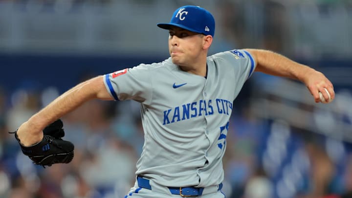 Jul 20, 2025; Miami, Florida, USA; Kansas City Royals starting pitcher Kris Bubic (50) delivers a pitch against the Miami Marlins during the first inning at loanDepot Park. Mandatory Credit: Sam Navarro-Imagn Images