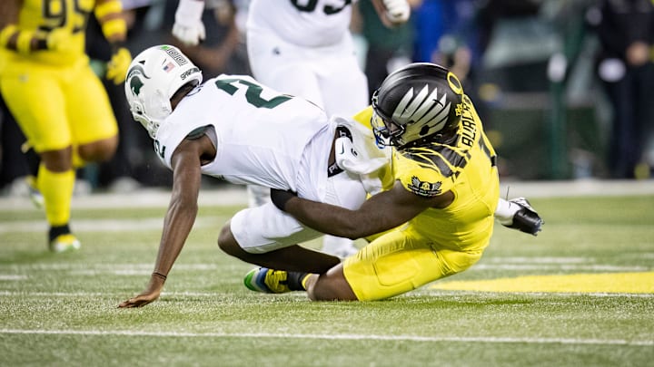 Oregon Ducks defensive end Jordan Burch sacks Michigan State Spartans quarterback Aidan Chiles as the Ducks host the Spartans Friday, Oct. 4, 2024 at Autzen Stadium in Eugene, Ore.
