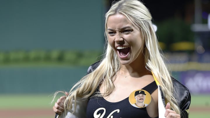 Now former Louisiana State University gymnast Lvivvy Dunn reacts on the field after her boyfriend Pittsburgh Pirates starting pitcher Paul Skenes (not pictured) made his major league debut.