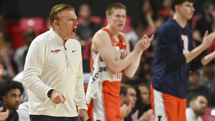 Mar 8, 2026; College Park, Maryland, USA;  Illinois Fighting Illini head coach Brad Underwood reacts during the second  half against the Maryland Terrapins at Xfinity Center. Mandatory Credit: Tommy Gilligan-Imagn Images