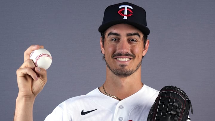 Feb 19, 2026; Lee County, FL, USA;  Minnesota Twins right-handed pitcher Joe Ryan (41) poses for a portrait during photo day at Hammond Stadium. Mandatory Credit: Jim Rassol-Imagn Images

