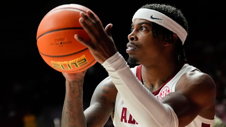 Nov 11, 2024; Tuscaloosa, AL, USA; Alabama guard Latrell Wrightsell Jr. (3) takes a three pointer from the corner at Coleman Coliseum. Alabama defeated McNeese 72-64. Mandatory Credit: Gary Cosby Jr.-Tuscaloosa News