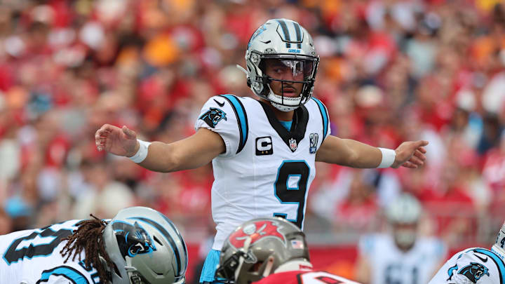 Dec 29, 2024; Tampa, Florida, USA; Carolina Panthers quarterback Bryce Young (9) calls a play against the Tampa Bay Buccaneers during the first quarter at Raymond James Stadium. Mandatory Credit: Kim Klement Neitzel-Imagn Images