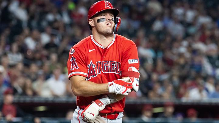 Jun 15, 2026; Phoenix, Arizona, USA; Los Angeles Angels outfielder Mike Trout reacts after being hit by a pitch in the third inning against the Arizona Diamondbacks at Chase Field. Jun 15, 2026; Phoenix, Arizona, USA; Los Angeles Angels outfielder Mike Trout reacts after being hit by a pitch in the third inning against the Arizona Diamondbacks at Chase Field.