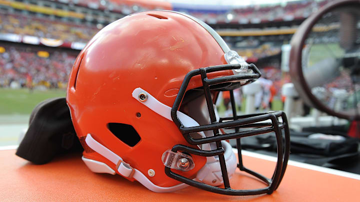 Oct 2, 2016; Landover, MD, USA; Detail view of Cleveland Browns helmet against the Washington Redskins during the second half at FedEx Field. Washington Redskins wins 31 - 20. Mandatory Credit: Brad Mills-Imagn Images