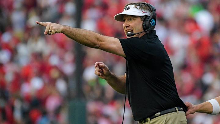 Jan 1, 2018; Pasadena, CA, USA; Georgia Bulldogs head coach Kirby Smart reacts during a game against the Oklahoma Sooners in the 2018 Rose Bowl college football playoff semifinal game at Rose Bowl Stadium. Mandatory Credit: Kirby Lee-Imagn Images
