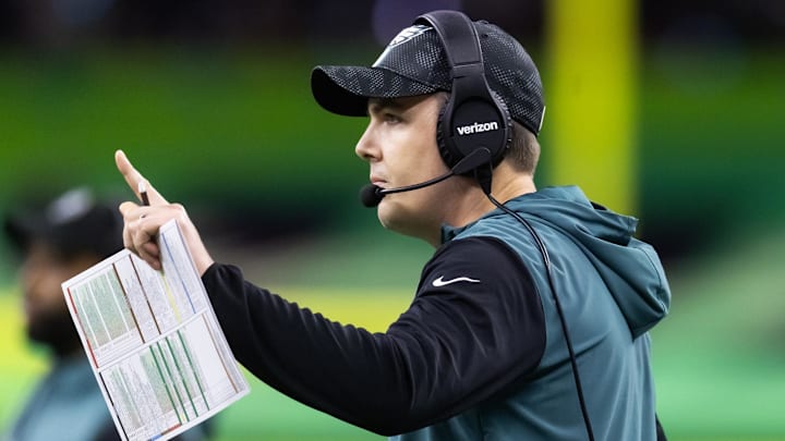 Feb 9, 2025; New Orleans, LA, USA; Philadelphia Eagles offensive coordinator Kellen Moore against the Kansas City Chiefs during Super Bowl LIX at Ceasars Superdome. Mandatory Credit: Mark J. Rebilas-Imagn Images Feb 9, 2025; New Orleans, LA, USA; Philadelphia Eagles offensive coordinator Kellen Moore against the Kansas City Chiefs during Super Bowl LIX at Ceasars Superdome. Mandatory Credit: Mark J. Rebilas-Imagn Images