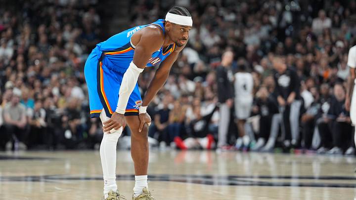 May 24, 2026; San Antonio, Texas, USA; Oklahoma City Thunder guard Shai Gilgeous-Alexander (2) looks on in the first quarter against the San Antonio Spurs during game four of the western conference finals for the 2026 NBA playoffs at Frost Bank Center. May 24, 2026; San Antonio, Texas, USA; Oklahoma City Thunder guard Shai Gilgeous-Alexander (2) looks on in the first quarter against the San Antonio Spurs during game four of the western conference finals for the 2026 NBA playoffs at Frost Bank Center.