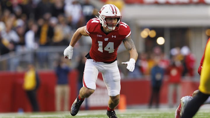 Oct 14, 2023; Madison, Wisconsin, USA;  Wisconsin Badgers safety Preston Zachman (14) during the game against the Iowa Hawkeyes at Camp Randall Stadium.