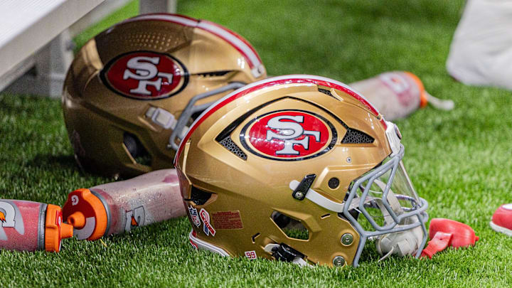 Sep 14, 2025; New Orleans, Louisiana, USA;  Detailed view of the San Francisco 49ers helmets against the New Orleans Saints during the first half at Caesars Superdome. Mandatory Credit: Stephen Lew-Imagn Images