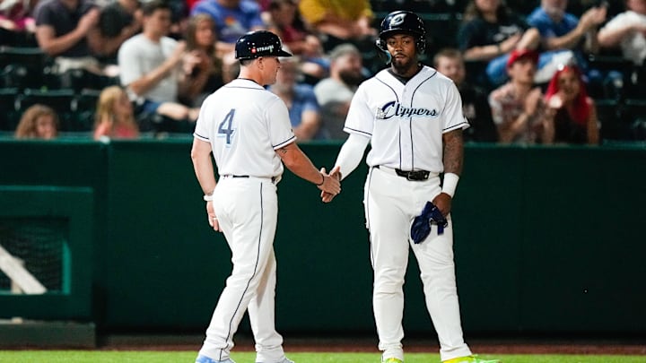 Columbus Clippers infielder Kahlil Watson (9) stands on third base in the ninth inning against the Buffalo Bisons at Huntington Park on Tuesday, July 22, 2025 in Columbus, Ohio. Columbus Clippers infielder Kahlil Watson (9) stands on third base in the ninth inning against the Buffalo Bisons at Huntington Park on Tuesday, July 22, 2025 in Columbus, Ohio.