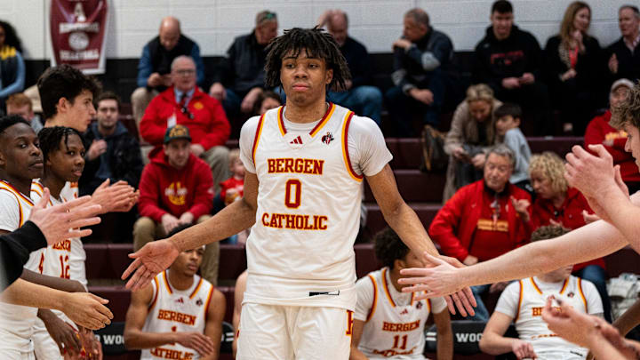 Bergen Catholic #0 Julius Avent make his entrance. Ridgewood boys basketball hosts Bergen Catholic in a game on Tuesday, Jan. 28, 2025.