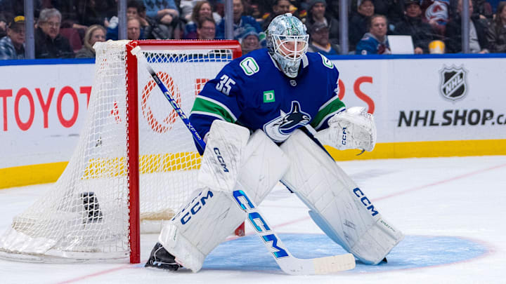 Feb 4, 2025; Vancouver, British Columbia, CAN; Vancouver Canucks goalie Thatcher Demko (35) in the net against the Colorado Avalanche in the third period at Rogers Arena. Mandatory Credit: Bob Frid-Imagn Images Feb 4, 2025; Vancouver, British Columbia, CAN; Vancouver Canucks goalie Thatcher Demko (35) in the net against the Colorado Avalanche in the third period at Rogers Arena. Mandatory Credit: Bob Frid-Imagn Images