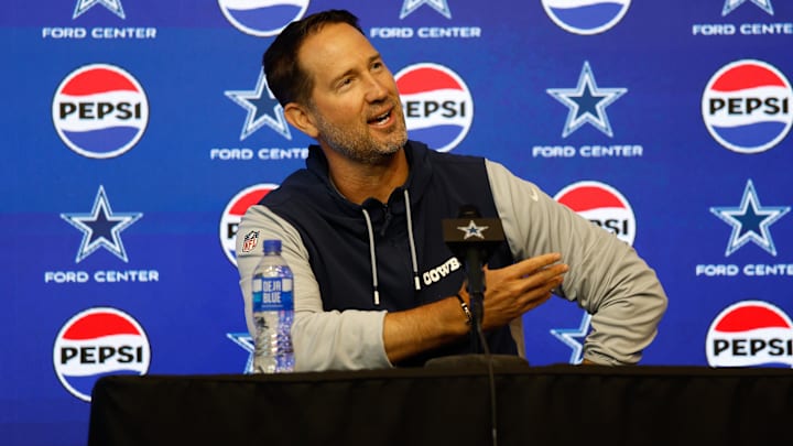 Dallas Cowboys head coach Brian Schottenheimer addresses the media before practice at the Ford Center at the Star Training Facility in Frisco, Texas.