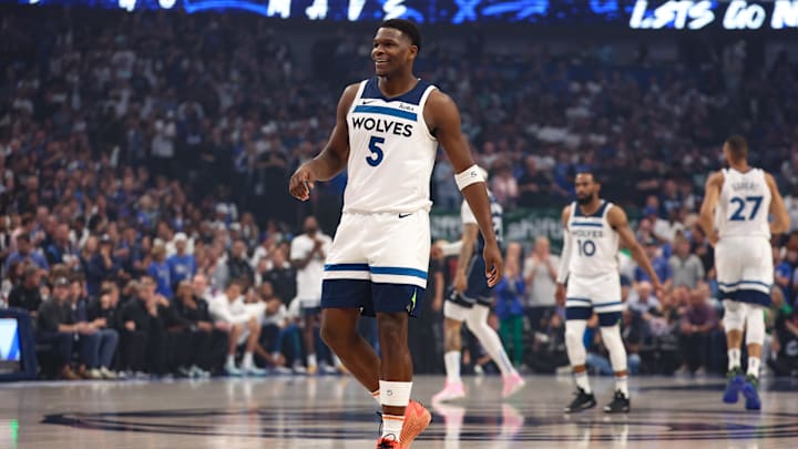 May 28, 2024; Dallas, Texas, USA; Minnesota Timberwolves guard Anthony Edwards (5) reacts during the first quarter against the Dallas Mavericks in game four of the western conference finals for the 2024 NBA playoffs at American Airlines Center. Mandatory Credit: Kevin Jairaj-USA TODAY Sports