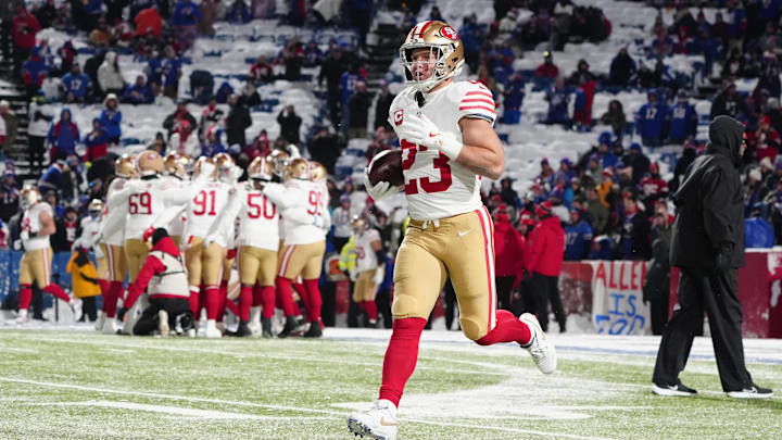 Dec 1, 2024; Orchard Park, New York, USA; San Francisco 49ers running back Christian McCaffrey (23) warms up prior to the game against the Buffalo Bills at Highmark Stadium. 