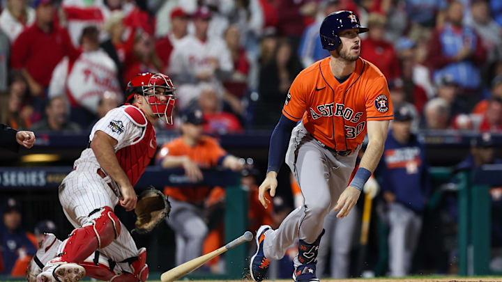 Nov 2, 2022; Philadelphia, Pennsylvania, USA; Houston Astros right fielder Kyle Tucker (30) hits a double against the Philadelphia Phillies during the second inning in game four of the 2022 World Series at Citizens Bank Park.