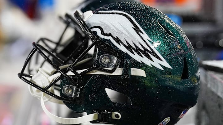 Nov 20, 2023; Kansas City, Missouri, USA; A general view of a Philadelphia Eagles helmet against the Kansas City Chiefs prior to a game at GEHA Field at Arrowhead Stadium. Mandatory Credit: Denny Medley-Imagn Images