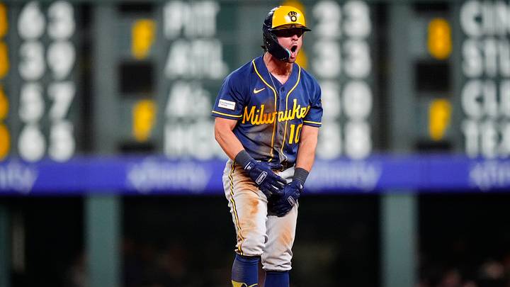Jun 5, 2026; Denver, Colorado, USA; Milwaukee Brewers right fielder Sal Frelick (10) celebrates his two run double in the ninth inning against the Colorado Rockies at Coors Field. Mandatory Credit: Ron Chenoy-Imagn Images Jun 5, 2026; Denver, Colorado, USA; Milwaukee Brewers right fielder Sal Frelick (10) celebrates his two run double in the ninth inning against the Colorado Rockies at Coors Field. Mandatory Credit: Ron Chenoy-Imagn Images