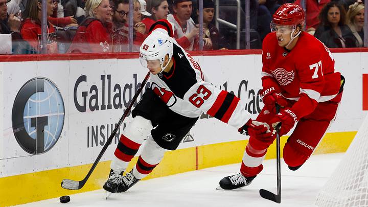 New Jersey Devils left wing Jesper Bratt (63) skates with the puck chased by Detroit Red Wings defenseman Simon Edvinsson (77): Rick Osentoski-Imagn Images New Jersey Devils left wing Jesper Bratt (63) skates with the puck chased by Detroit Red Wings defenseman Simon Edvinsson (77): Rick Osentoski-Imagn Images