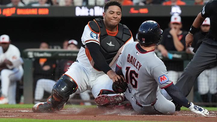 Sep 8, 2026; Baltimore, Maryland, USA; Baltimore Orioles catcher Samuel Basallo (29) tags out Cleveland Guardians catcher Patrick Bailey (16) trying to score a run on a ground ball during the second inning at Oriole Park at Camden Yards. Mandatory Credit: Gregory Fisher-Imagn Images Sep 8, 2026; Baltimore, Maryland, USA; Baltimore Orioles catcher Samuel Basallo (29) tags out Cleveland Guardians catcher Patrick Bailey (16) trying to score a run on a ground ball during the second inning at Oriole Park at Camden Yards. Mandatory Credit: Gregory Fisher-Imagn Images