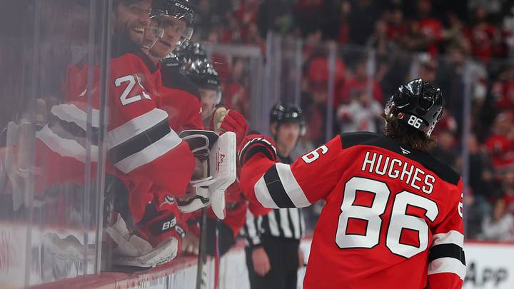 New Jersey Devils center Jack Hughes (86) celebrates his goal against the Washington Capitals during the second period at Prudential Center. Mandatory Credit: Ed Mulholland-Imagn Images New Jersey Devils center Jack Hughes (86) celebrates his goal against the Washington Capitals during the second period at Prudential Center. Mandatory Credit: Ed Mulholland-Imagn Images
