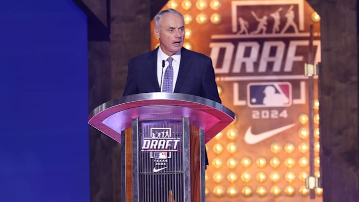 Jul 14, 2024; Ft. Worth, TX, USA;  MLB Commissioner Rob Manfred during the first round of the MLB Draft at Cowtown Coliseum. 