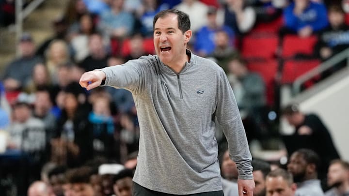 Mar 21, 2025; Raleigh, NC, USA; Baylor Bears head coach Scott Drew reacts during the first half against the Mississippi State Bulldogs in the first round of the NCAA Tournament at Lenovo Center. Mandatory Credit: Bob Donnan-Imagn Images