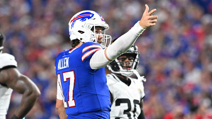 Sep 23, 2024; Orchard Park, New York, USA; Buffalo Bills quarterback Josh Allen (17) signals for a first down against the Jacksonville Jaguars in the second quarter at Highmark Stadium. Sep 23, 2024; Orchard Park, New York, USA; Buffalo Bills quarterback Josh Allen (17) signals for a first down against the Jacksonville Jaguars in the second quarter at Highmark Stadium.