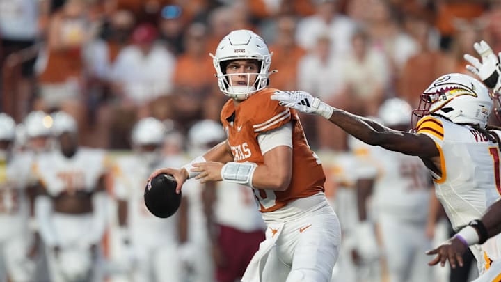 Sep 21, 2024; Austin, Texas, USA;  Texas Longhorns quarterback Arch Manning (16), looks to pass in the first half against the Louisiana Monroe Warhawks at Darrell K Royal-Texas Memorial Stadium. Mandatory Credit: Daniel Dunn-Imagn Images