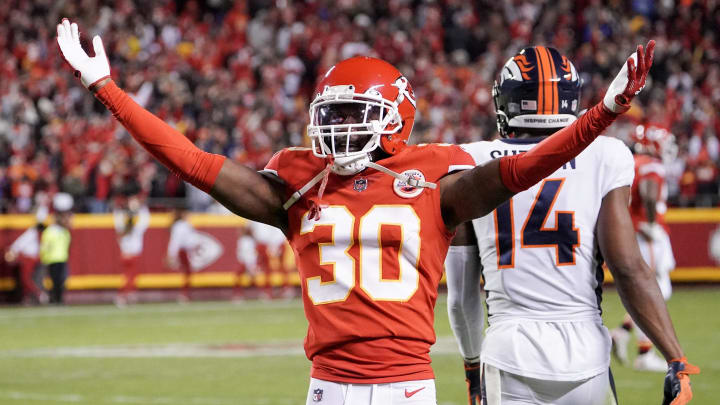 Dec 5, 2021; Kansas City, Missouri, USA; Kansas City Chiefs cornerback Deandre Baker (30) celebrates after a play against the Denver Broncos during the second half at GEHA Field at Arrowhead Stadium. Mandatory Credit: Denny Medley-USA TODAY Sports